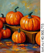 Decorative ornamental orange pumpkins. A jack-o'-lantern or jack o'lantern. Halloween or Hallowe'en, Allhalloween, All Hallows' Eve, or All Saints' Eve. Bright vegetable background - still life. Стоковое AI-изображение, AI-художник Юлия Петровская / Фотобанк Лори