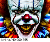 It is a shape-shifting monster, Pennywise the Clown. Appeared in the Universe. Terrible laughing grimace and evil eyes. Pennywise the Dancing Clown. Eats children and their fears. Sociopathy disease. Стоковое AI-изображение, AI-художник Юлия Петровская / Фотобанк Лори