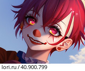 It is a shape-shifting monster, Pennywise the Clown. Appeared in Universe. Terrible laughing grimace and evil eyes. Pennywise the Dancing Clown. Eats children and their fears. Sociopathy. Anime style. Стоковое AI-изображение, AI-художник Юлия Петровская / Фотобанк Лори