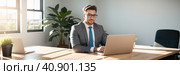 Concentrated businessman at table, involved in serious negotiations or contract discussion in office. Focused male ceo executive manager communicating with partner or client, banner. Generative AI. Стоковое AI-изображение, AI-художник Sergey Grishin / Фотобанк Лори