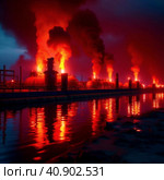 Вид на нефтеперерабатывающий завод ночью. Изображение, сгенерированное искусственным интеллектом (Ai-generated image) Стоковое AI-изображение, AI-художник Цибаев Алексей / Фотобанк Лори