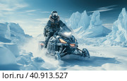 Futuristic snowmobile in the Arctic snows. Generative AI. Стоковое AI-изображение, AI-художник Ирина Ручушкина / Фотобанк Лори