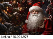 Portrait of Santa Claus among the Christmas trees decorated with garlands . Generated by Ai. Стоковое AI-изображение, AI-художник Игорь Кляхин / Фотобанк Лори