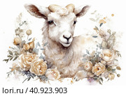 Cute white goatling on white background. Стоковое AI-изображение, AI-художник Анна Кривицкая / Фотобанк Лори