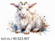 Cute white goatling on white background, watercolor style, Generative AI. Стоковое AI-изображение, AI-художник Анна Кривицкая / Фотобанк Лори