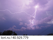 Lightning is a natural phenomenon electrostatic discharges in the atmosphere between two electrically charged regions, neutralizing in a near-instantaneous release of an average of gigajoule energy. Стоковое фото, фотограф Юлия Петровская / Фотобанк Лори