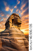 A large sphinx on the background of sunset golden clouds. Generated by AI. Стоковое AI-изображение, AI-художник Ярославский Максим / Фотобанк Лори