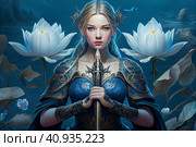 Mesmerizing Lady of the Mountain Lake in a Gorgeous blue dress with the sword Excalibur, watercolor style, Generative AI. Стоковое AI-изображение, AI-художник Анна Кривицкая / Фотобанк Лори