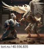 A man fights a dragon. Стоковое AI-изображение, AI-художник Кирилл Черезов / Фотобанк Лори