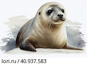 Harp seal, or bald seal. Phoca groenlandica, lat. Pagophilus groenlandicus on a light background, watercolor style, Generative AI. Стоковое AI-изображение, AI-художник Анна Кривицкая / Фотобанк Лори