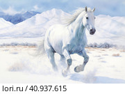 Beautiful running white horse on a light background, watercolor style, Generative AI. Стоковое AI-изображение, AI-художник Анна Кривицкая / Фотобанк Лори