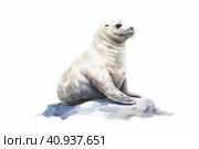 Harp seal, or bald seal. Phoca groenlandica, lat. Pagophilus groenlandicus on a light background, watercolor style, Generative AI. Стоковое AI-изображение, AI-художник Анна Кривицкая / Фотобанк Лори