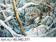 Wolf in frost in winter forest, watercolor style, Generative AI. Стоковое AI-изображение, AI-художник Анна Кривицкая / Фотобанк Лори