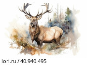 Deer with big antlers in the forest, watercolor style, Generative AI. Стоковое AI-изображение, AI-художник Анна Кривицкая / Фотобанк Лори