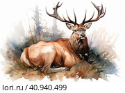 Deer with big antlers in the forest, watercolor style, Generative AI. Стоковое AI-изображение, AI-художник Анна Кривицкая / Фотобанк Лори