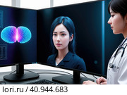 Doctor or physician take care of patient at the hospital. Beautiful female medical doctor is talking to patient reviewing brain X-ray picture, radiographic image, ct scan, mri, clinic. Generative AI. Стоковое AI-изображение, AI-художник Sergey Grishin / Фотобанк Лори