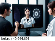 Doctor or physician take care of patient at the hospital. Beautiful female medical doctor is talking to patient reviewing brain X-ray picture, radiographic image, ct scan, mri, clinic. Generative AI. Стоковое AI-изображение, AI-художник Sergey Grishin / Фотобанк Лори