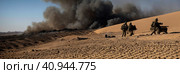 Group army ranger special force on the desert battle field standby ready to shoot looking around for group security. Contemporary battlefield. Modern war. Special military operation. Generative AI. Стоковое AI-изображение, AI-художник Sergey Grishin / Фотобанк Лори
