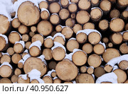 Round lumber piled up outdoors in winter. Стоковое фото, фотограф Владимир Григорьев / Фотобанк Лори