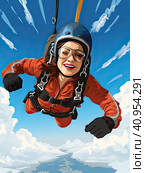 A female parachutist jumps out of an airplane and parachutes into the open sky. Created by AI. Стоковое AI-изображение, AI-художник Ярославский Максим / Фотобанк Лори
