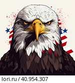 Bald American eagle on the background of the US flag. Стоковое AI-изображение, AI-художник Ярославский Максим / Фотобанк Лори