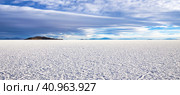 Panoramic landscape photo of wild nature salt flat with mountains, backgrounds. Scenery view of Bolivia natural salt desert wilderness, no people. Bolivian landmarks concept. Copy ad text space (2016 год). Стоковое фото, фотограф Aleksandr Golubev / Фотобанк Лори