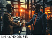 The two men handshake in the office on the sunset background. Buying a car in a car dealership concept. leasing, carsharing, car rent. Стоковое AI-изображение, AI-художник Ирина Михайличенко / Фотобанк Лори