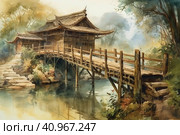 Landscape painting, ancient style, scroll, bamboo grove, wooden bridge, ancient architecture, upturned eaves, tranquility, pastoral scenery,, watercolor style, Generative AI. Стоковое AI-изображение, AI-художник Анна Кривицкая / Фотобанк Лори