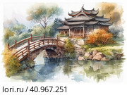 Landscape painting, ancient style, scroll, bamboo grove, wooden bridge, ancient architecture, upturned eaves, tranquility, pastoral scenery,, watercolor style, Generative AI. Стоковое AI-изображение, AI-художник Анна Кривицкая / Фотобанк Лори