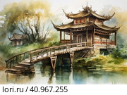 Landscape painting, ancient style, scroll, bamboo grove, wooden bridge, ancient architecture, upturned eaves, tranquility, pastoral scenery,, watercolor style, Generative AI. Стоковое AI-изображение, AI-художник Анна Кривицкая / Фотобанк Лори