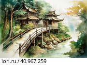 Landscape painting, ancient style, scroll, bamboo grove, wooden bridge, ancient architecture, upturned eaves, tranquility, pastoral scenery,, watercolor style, Generative AI. Стоковое AI-изображение, AI-художник Анна Кривицкая / Фотобанк Лори