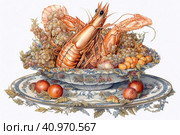 Still life with shrimps in a dish, watercolor style, Generative AI. Стоковое AI-изображение, AI-художник Анна Кривицкая / Фотобанк Лори