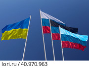 Flags of Ukraine, Russia, Donetsk People's Republic and Lugansk People's Republic. The Donetsk and Lugansk People's Republics are partially recognized state entities in Europe. Blue background. (2022 год). Стоковое фото, фотограф Алексей Игнатов / Фотобанк Лори