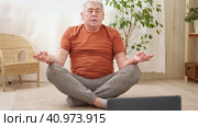 Happy Elderly Man Watching Online Tutorials On Laptop, Training At Home, Sitting On Floor. Cozy Living Room. Retired Male Learning Exercise. Senior Man Doing Yoga Indoor. Anti Age, Sport, Reaching Zen. Стоковое видео, видеограф Марина Демидюк / Фотобанк Лори