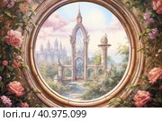 Large oval windows overlooked a garden with roses, watercolor style, Generative AI. Стоковое AI-изображение, AI-художник Анна Кривицкая / Фотобанк Лори