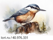 Nuthatch on a white background, watercolor style, Generative AI. Стоковое AI-изображение, AI-художник Анна Кривицкая / Фотобанк Лори