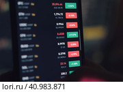 Trading and finance. Stock market analysis to buy or sell cryptocurrency share. Broker trades securities on forex exchange. Stock chart quotes on LED display. Financial investment graph. Economy trend. Стоковое фото, фотограф Марина Демидюк / Фотобанк Лори