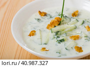Bulgarian chilled soup Tarator in white plate. Стоковое фото, фотограф Яков Филимонов / Фотобанк Лори