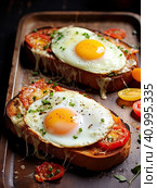 Toast with cheese, egg and vegetables. Generated by AI. Стоковое AI-изображение, AI-художник Ярославский Максим / Фотобанк Лори
