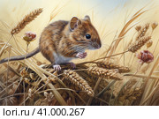 Field mouse among the grass, watercolor style, Generative AI. Стоковое AI-изображение, AI-художник Анна Кривицкая / Фотобанк Лори