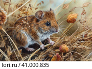 Field mouse among the grass, watercolor style, Generative AI. Стоковое AI-изображение, AI-художник Анна Кривицкая / Фотобанк Лори