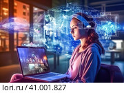 Woman at laptop, with cyber security hologram. Стоковое AI-изображение, AI-художник Юрий Поздников / Фотобанк Лори