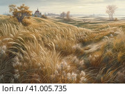 Beautiful landscape with hills and feather grass, watercolor style, Generative AI. Стоковое AI-изображение, AI-художник Анна Кривицкая / Фотобанк Лори