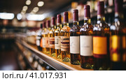 Red and white wine in bottles in wine shop. Generative AI. Стоковое AI-изображение, AI-художник Ирина Ручушкина / Фотобанк Лори