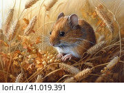 Field mouse among the grass, watercolor style, Generative AI. Стоковое AI-изображение, AI-художник Анна Кривицкая / Фотобанк Лори