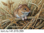 Field mouse among the grass, watercolor style, Generative AI. Стоковое AI-изображение, AI-художник Анна Кривицкая / Фотобанк Лори