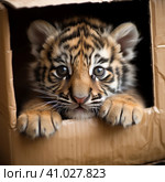 A tiger cub looks out of a cardboard box. a little predator. Generative AI. Стоковое AI-изображение, AI-художник Ирина Ручушкина / Фотобанк Лори