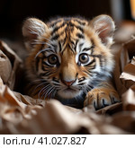 A tiger cub looks out of a cardboard box. a little predator. Generative AI. Стоковое AI-изображение, AI-художник Ирина Ручушкина / Фотобанк Лори