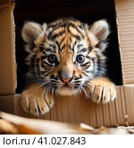 A tiger cub looks out of a cardboard box. a little predator. Generative AI. Стоковое AI-изображение, AI-художник Ирина Ручушкина / Фотобанк Лори