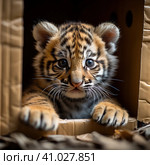 A tiger cub looks out of a cardboard box. a little predator. Generative AI. Стоковое AI-изображение, AI-художник Ирина Ручушкина / Фотобанк Лори